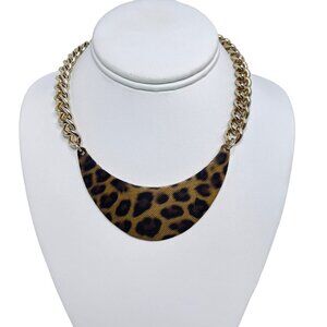 Chunky Gold Tone Curb Chain Leopard Bib Choker Necklace (5451)